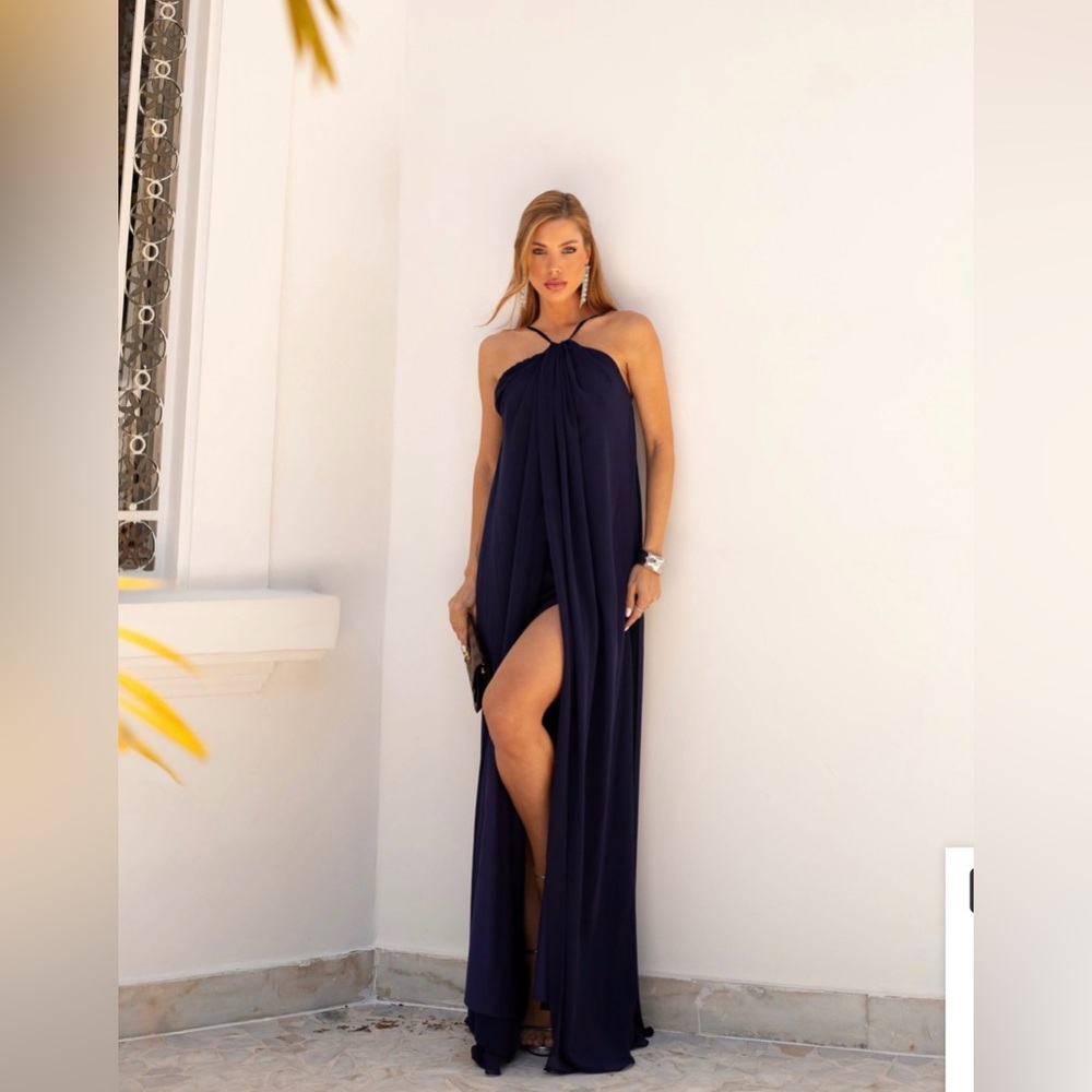 Elegant Navy Blue Halter Maxi Dress Brazilian Brand